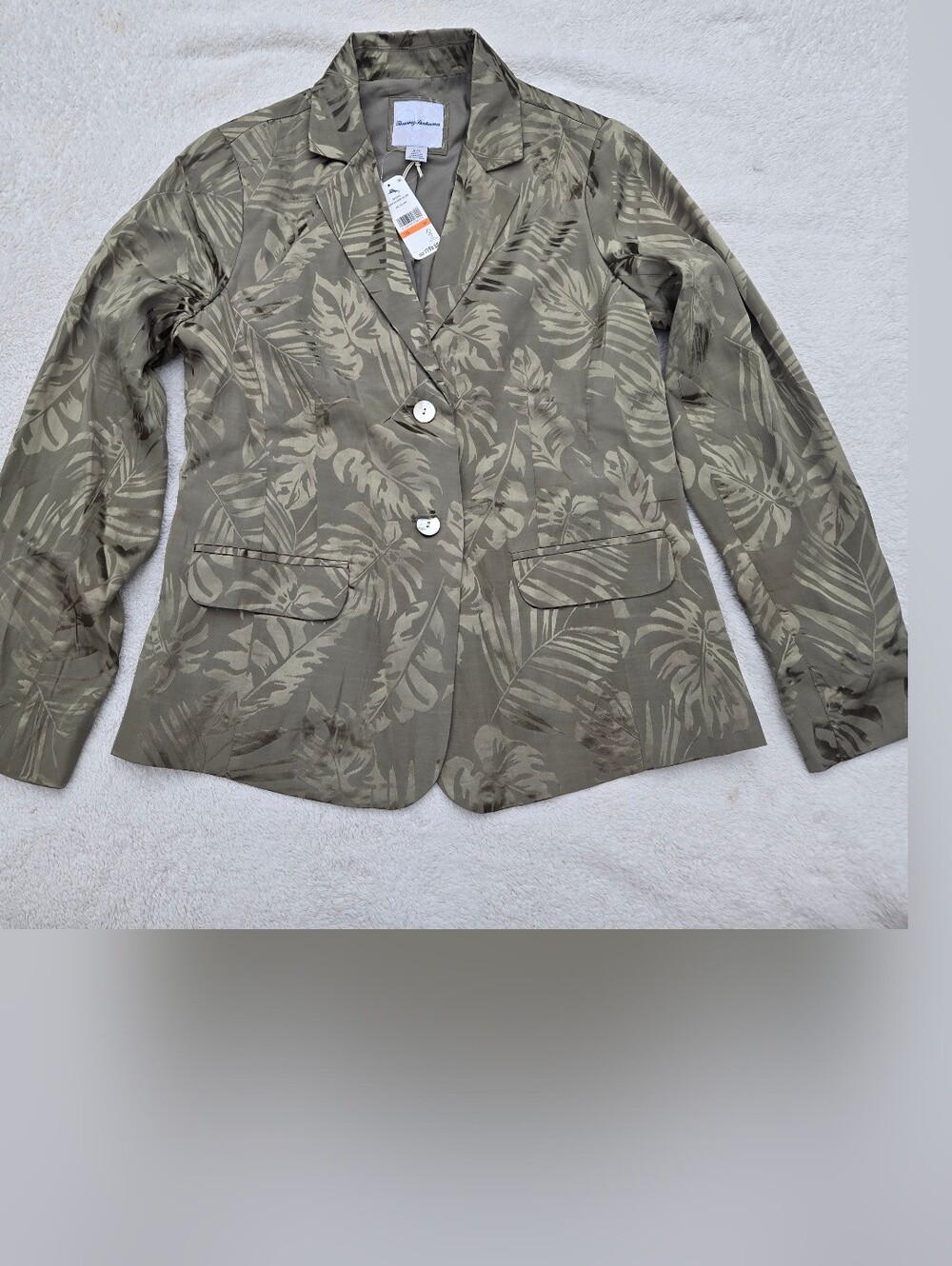 Tommy Bahama Olive Tropical-Print Notch-Lapel Satin Blazer Sz S